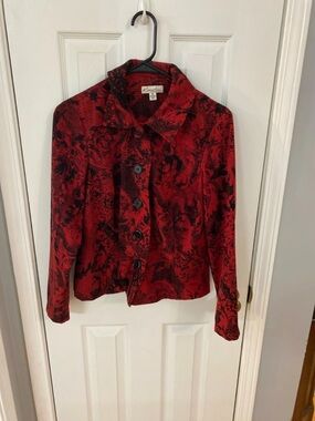 Kim Rogers Petite Red Black Abstract Print Button Front Jacket Blazer Women's PS